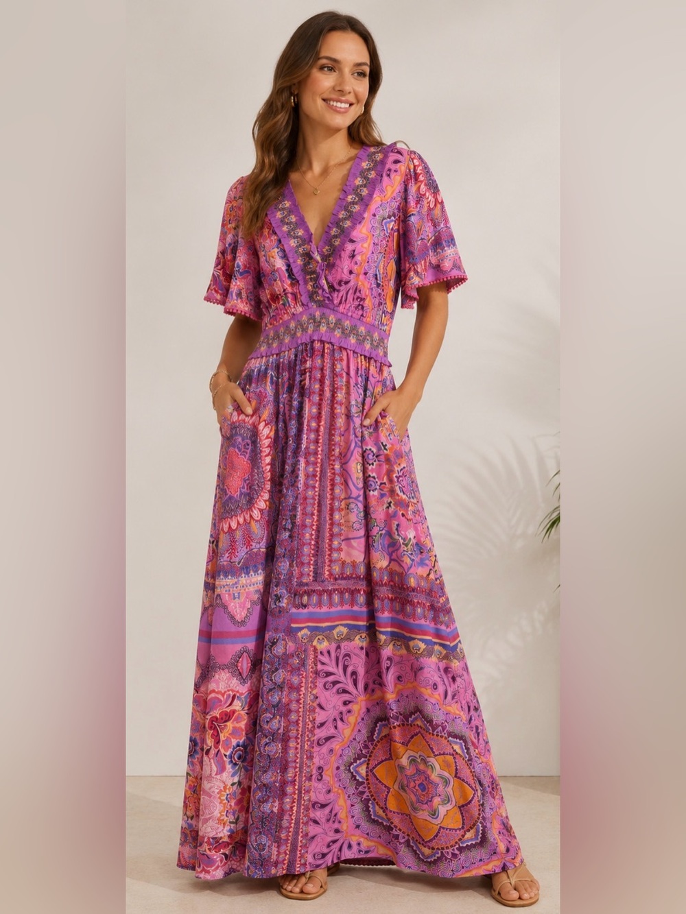 Hale Bob Katelyn Linen Maxi Dress Pink Paisley Boho Flutter Sleeve PocketsSizeXS